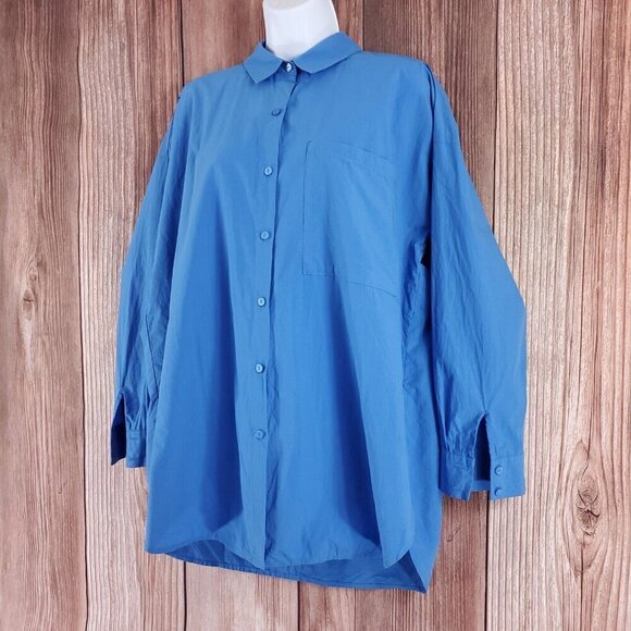 Eileen Fisher Womens Size Medium Blue Organic Cotton Oversized Button Up Shirt - Picture 2 of 14